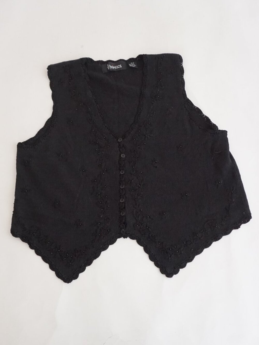 Vintage Stefano Basics Black Beaded Point Hem Button Knit Vest Cottagecore XL